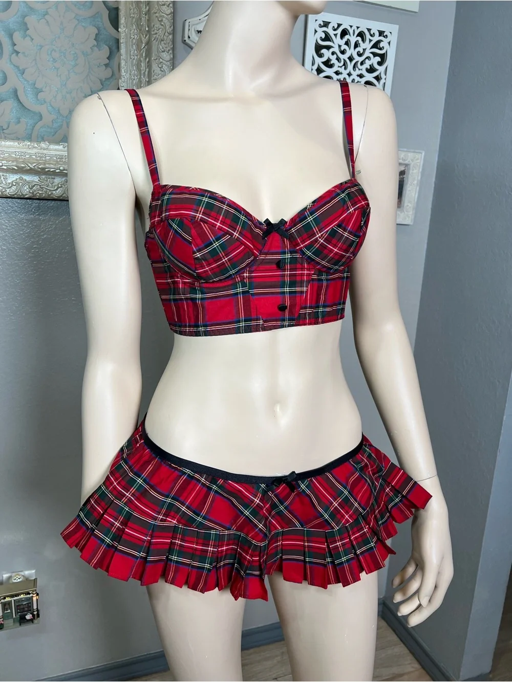 Frederick's of Hollywood Red Plaid Bustier Crop Top & Pleated Mini Skirt Set